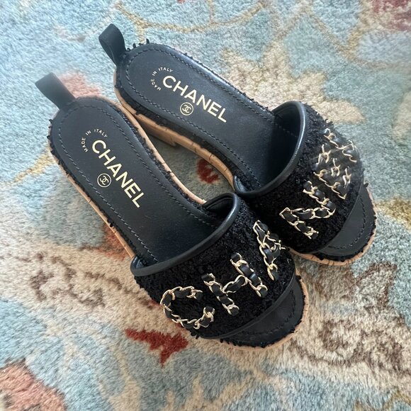 CHANEL Black Cork Tweed Leather Gold Chain Open Toe Mule Slides Sandals Size 6 - Picture 5 of 8